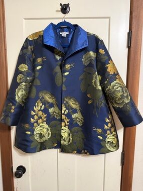 NWOT Grace Chuang Floral Brocade Swing Jacket Navy and Gold Birds and Roses